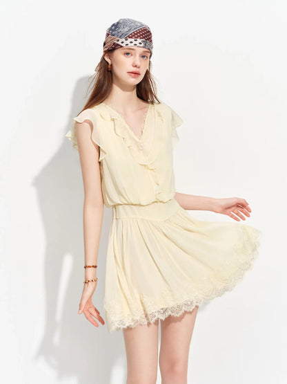 2026 Summer Women‘s Tiered Ruffle Lace Trim Chiffon Long Short Dress Flowy Smocked Maxi for French Romantic Coquette Style