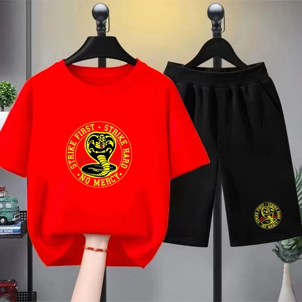 Summer T-Shirt + Shorts Anime Snake Print Boy Black Girl Sets T-Shirt Kids Tops Casual Tees Round Neck Short-Sleeved Top