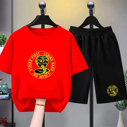 Summer T-Shirt + Shorts Anime Snake Print Boy Black Girl Sets T-Shirt Kids Tops Casual Tees Round Neck Short-Sleeved Top