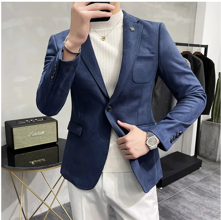 Men's Deerskin Fleece Suit Jacket 2025 Spring New High Quality Single Button Slim Fit Business Casual Suit Coat  Men Clothing