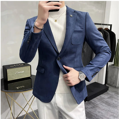 Men's Deerskin Fleece Suit Jacket 2025 Spring New High Quality Single Button Slim Fit Business Casual Suit Coat  Men Clothing