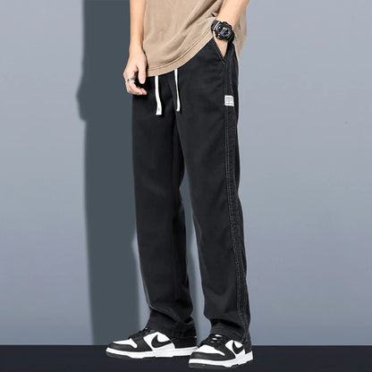 Summer Soft Lyocell Fabric Men's Jeans Thin Loose Straight Pants Drawstring Elastic Waist Korea Casual Trousers Plus Size M-5XL