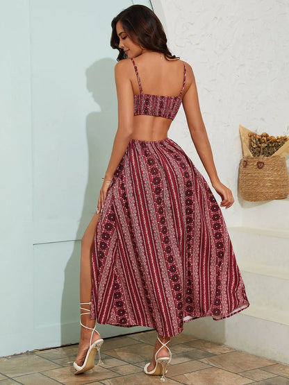 Deep V-Neck Backless Sling Dress with Thigh High Slit, Floral Print Beach Holiday Party Maxi Dress, Summer Women's Clothing