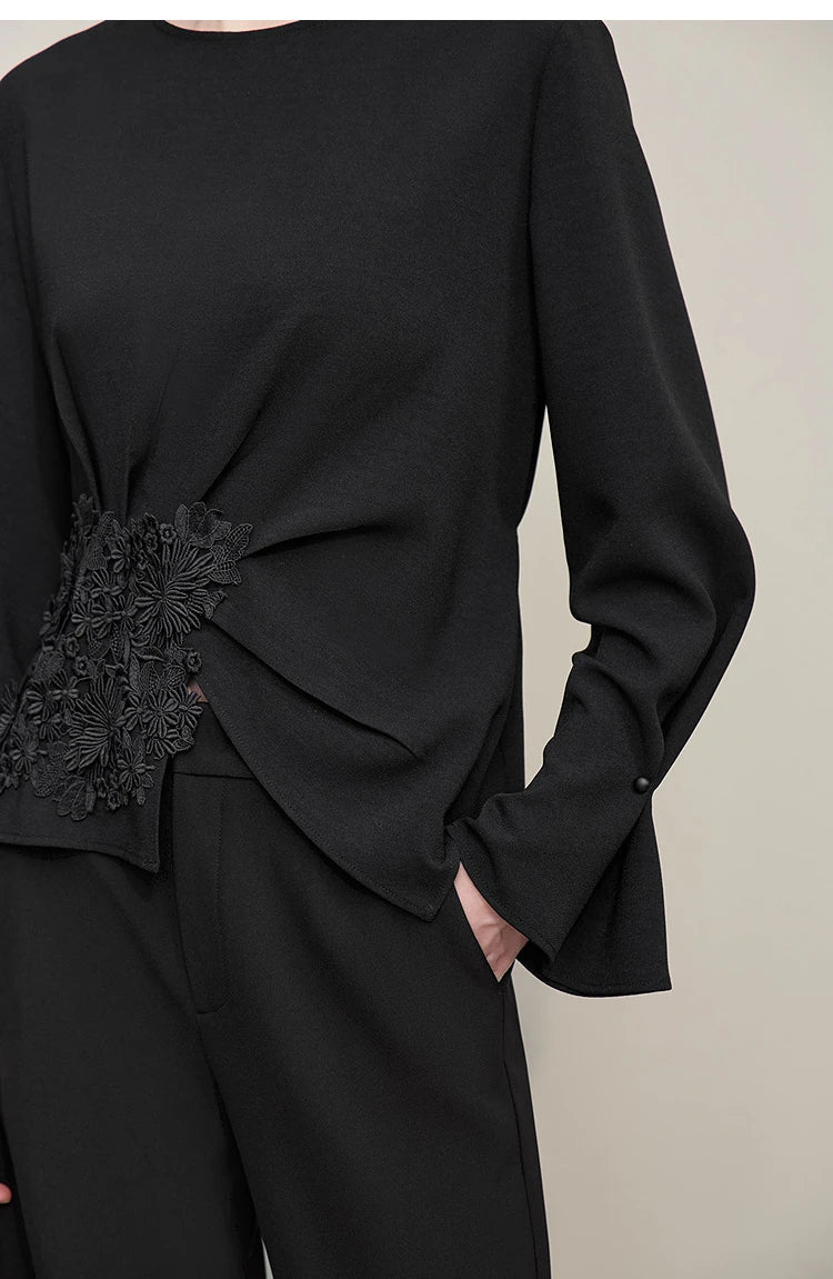 Women's Blouse 2026 Autumn New Elegant Commuter Crew Neck Lace Chiffon Women's Shirt Loose Versatile Elegant Top 12681001
