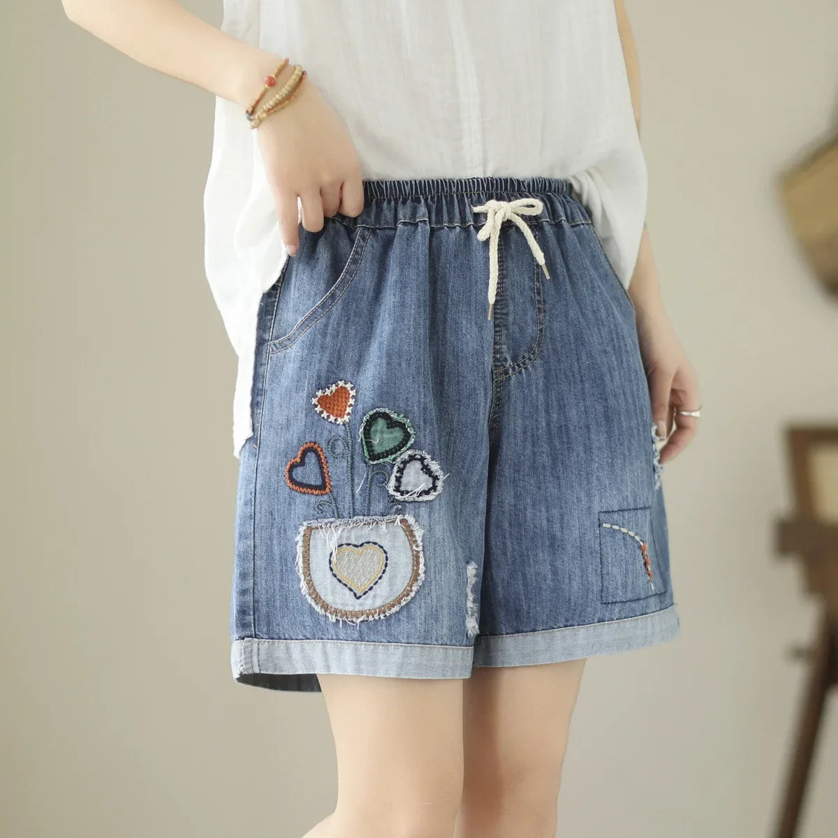 Embroider Shorts Jean For Women Summer Japanese Style Ethnic Elastic Waist Blue Flowers Embroidery Denim Shorts y2k