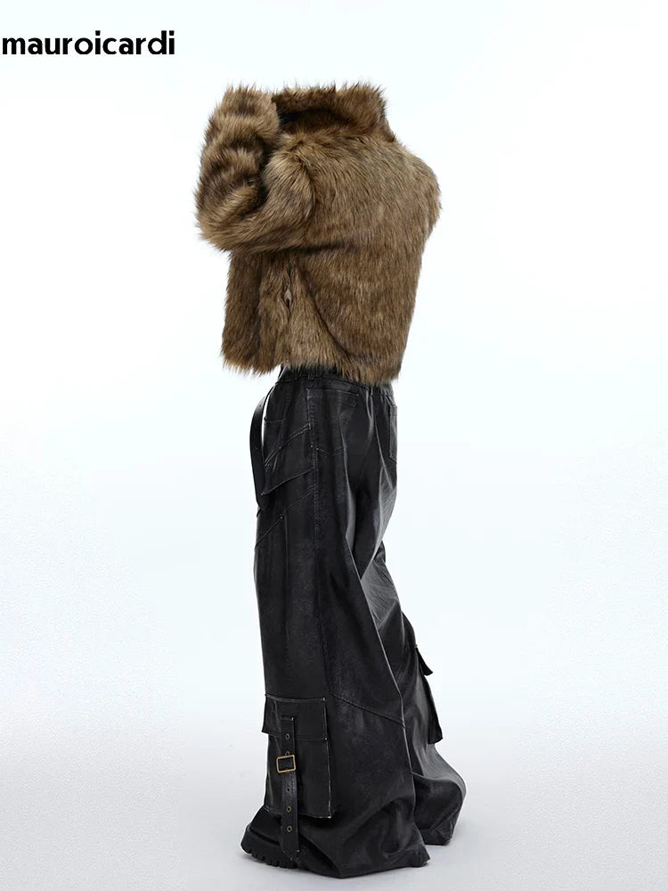 Winter Short Thick Warm Brown Hairy Soft Faux Fur Coat Men with Turn-down Collar Long Sleeve Fluffy Jackets 2024