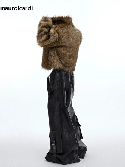 Winter Short Thick Warm Brown Hairy Soft Faux Fur Coat Men with Turn-down Collar Long Sleeve Fluffy Jackets 2024