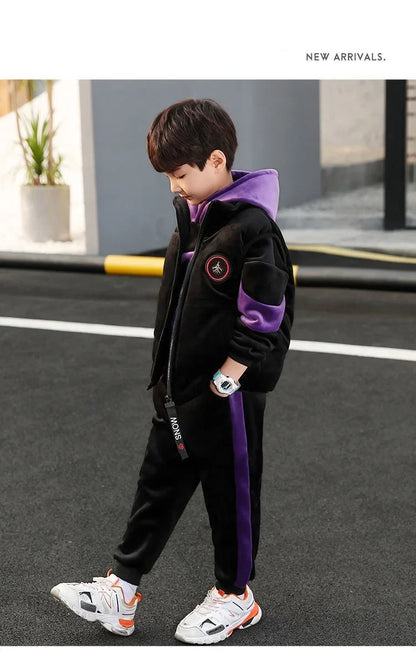 Winter Boys Warm Fleece Lined Zip Waistcoat+Sweatshirt+Sweatpant Sets School Kids 3PCS Tracksuit Children Workout Outfit 5-14Yrs