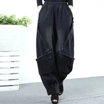 Black Wide-leg Jeans Harlan Pants Loose Fashion Casual Full Length High Waist Patchwork Print Pocket Jeans Women Clothes Spring