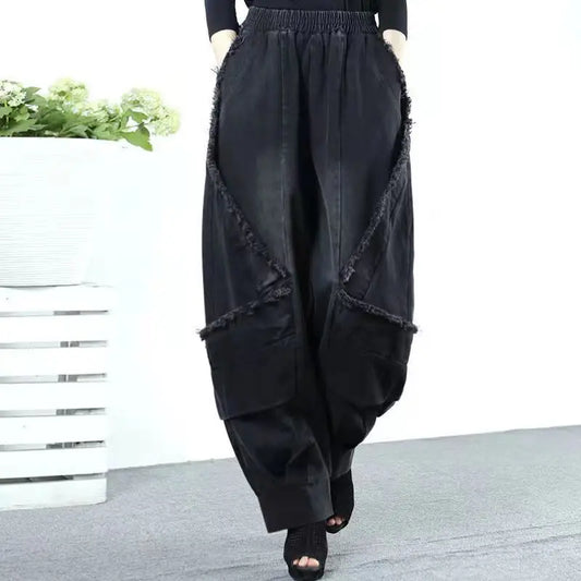 Black Wide-leg Jeans Harlan Pants Loose Fashion Casual Full Length High Waist Patchwork Print Pocket Jeans Women Clothes Spring
