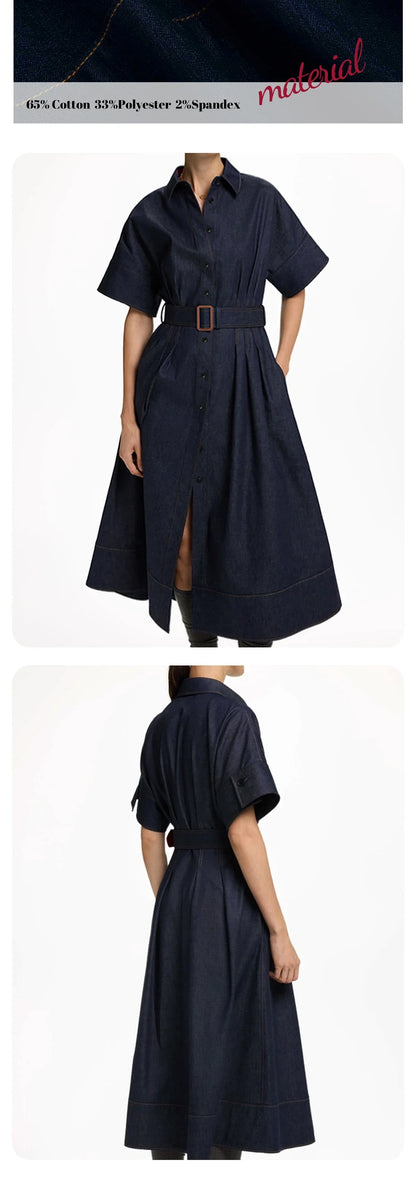2025 Spring New Series Denim MIDI Dress With Lapel Fashion Slim Elegant Women's Dresses Female Party Dress