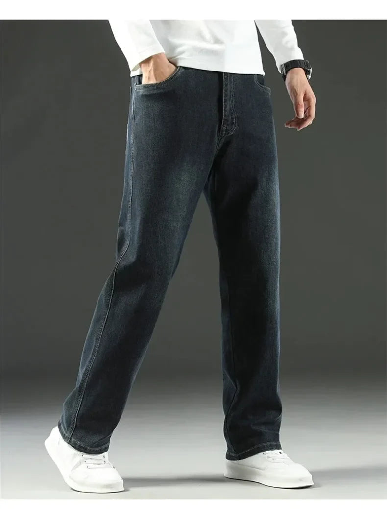 2025 New Autumn and Winter Men's Jeans Loose Comfortable Straight Business Casual Versatile Wide-leg Business Trousers