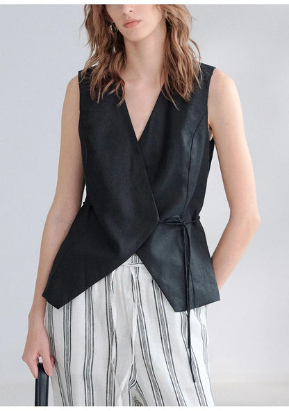100% Linen V-Neck Vest Women's Tank Top French Vintage Lace-up Top Casual Sleeveless Office Ladies Waist-Cinched Linen Tops