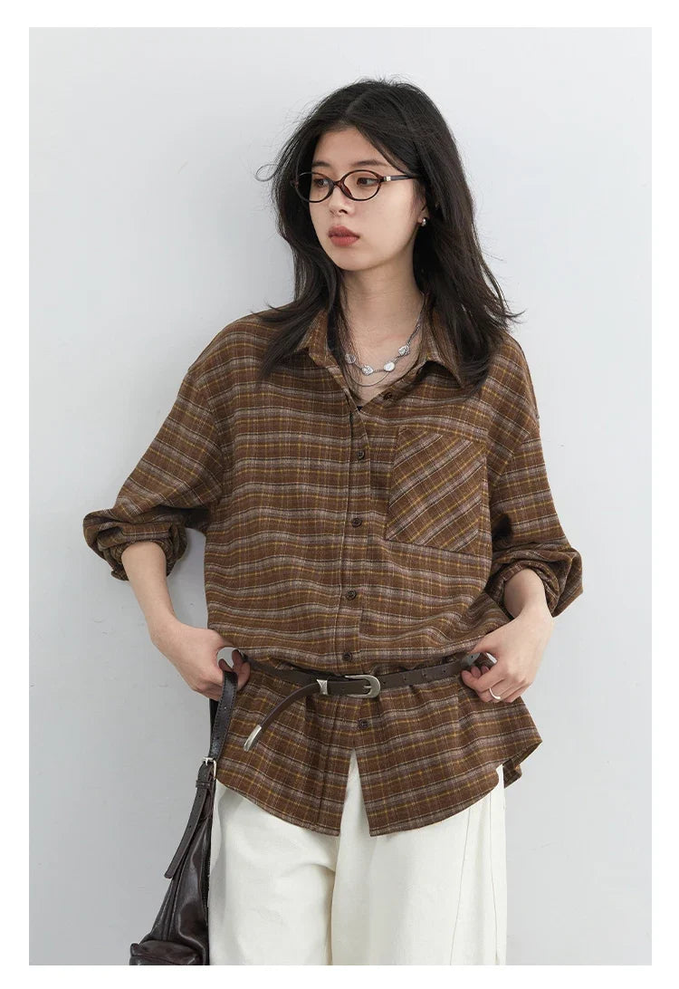 New Women Shirt Loose Casual Long Sleeved Vintage Thick Sanding Female Plaid Blouses Single-breasted Autumn Winter 2026