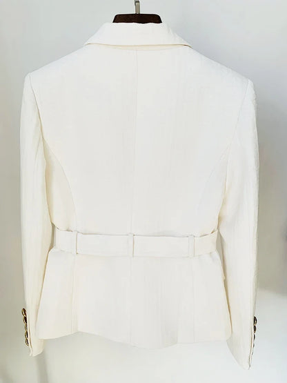 HIGH STREET Newest 2026 Designer Jacket Women's Double Breasted Lion Buttons Monogram Jacquard Belted Blazer