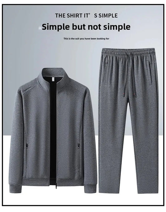 Spring Autumn New Men's Cotton Sports Suit Stand Collar Sweatshirt Middle-Aged And Elderly Casual Stylish Cardigan Loose-Fit 2-P