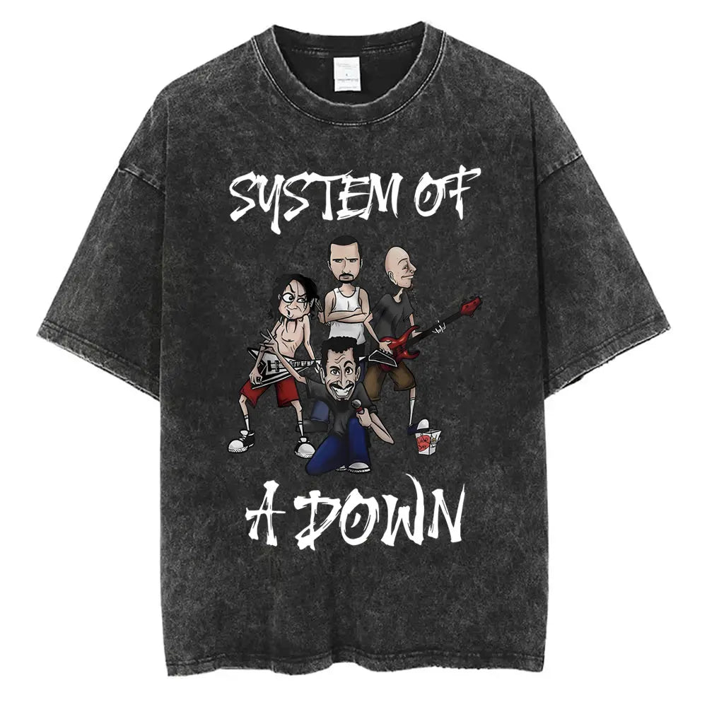 Washed Vintage Rock Band System of A Down Mezmerize Printed T-shirts Men Fashion Classic Metal Tshirt Male Oversized Streetwear