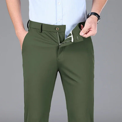 New Summer Men's Ice Silk High Stretch Business Suit Pants Male Army Green Blue Elastic Formal Office Straight Formal Trousers