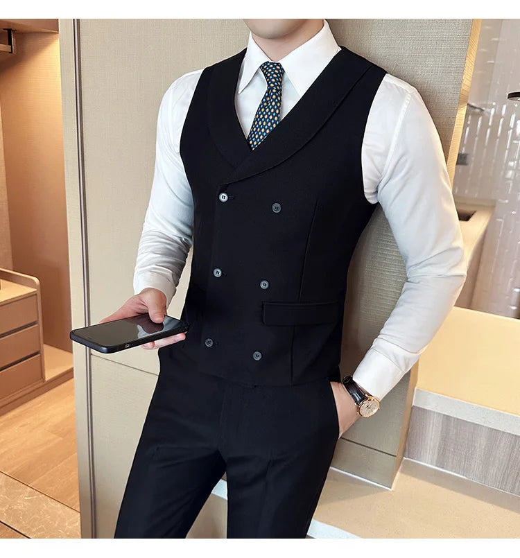 ( Vest + Pants) Men's Double-breasted Suit Vest 2 Pieces Set High Quality Business Casual Fashion Groom Wedding Dress Vest Sets