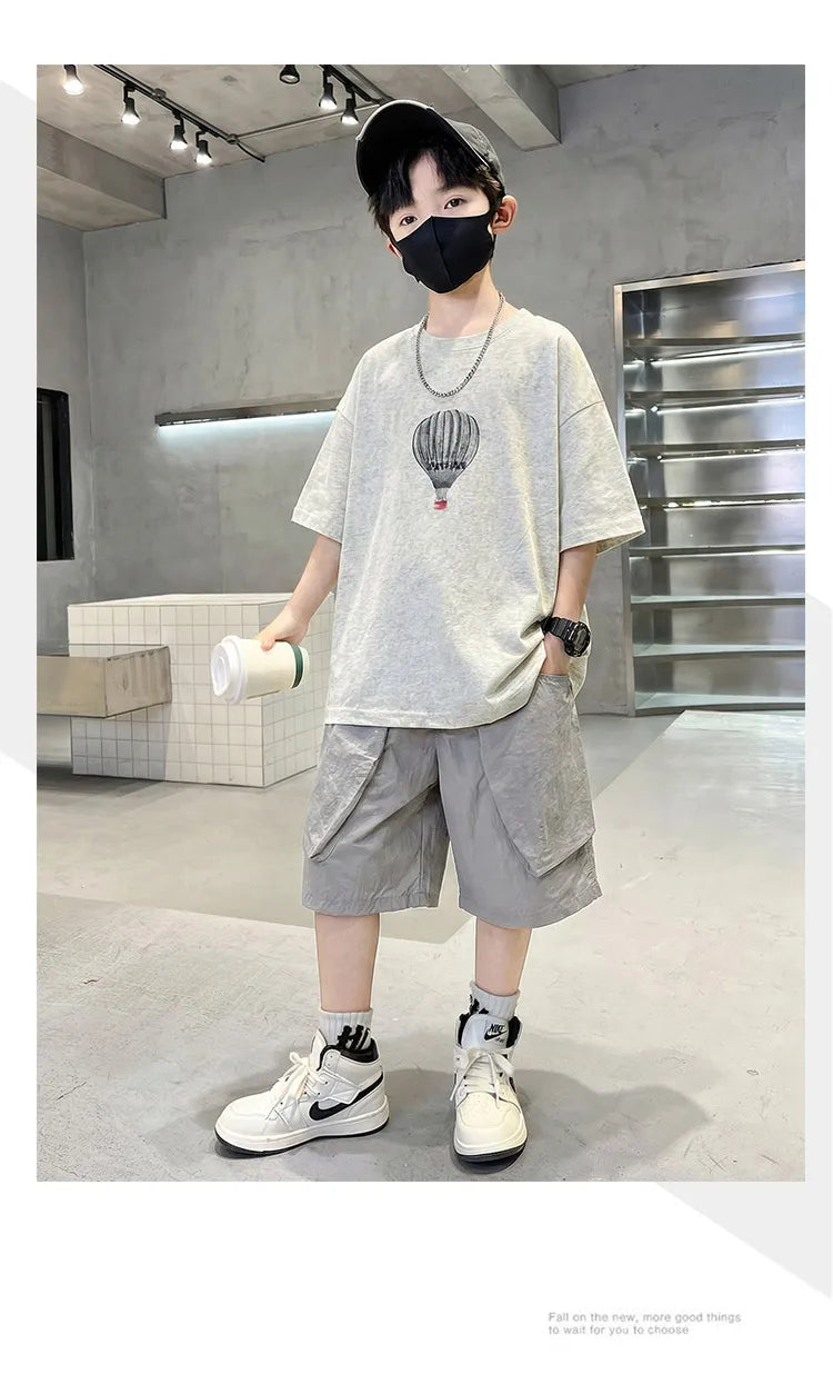 Fashion Boys Summer Outfit T-shirt Shorts Sports Set Children Top and Bottom Tracksuit Set Kids Casual Cotton Sportswear 5-14Y