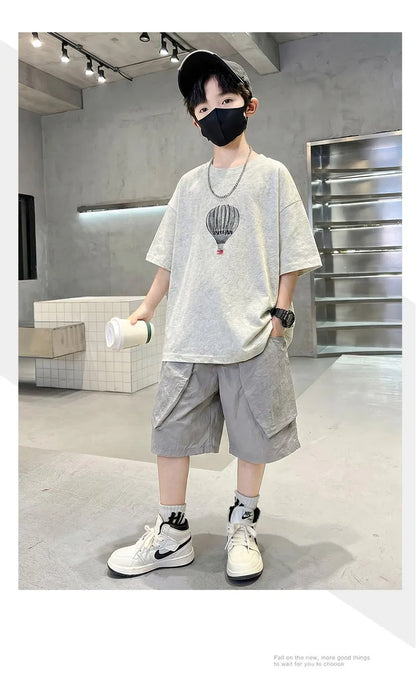 Fashion Boys Summer Outfit T-shirt Shorts Sports Set Children Top and Bottom Tracksuit Set Kids Casual Cotton Sportswear 5-14Y