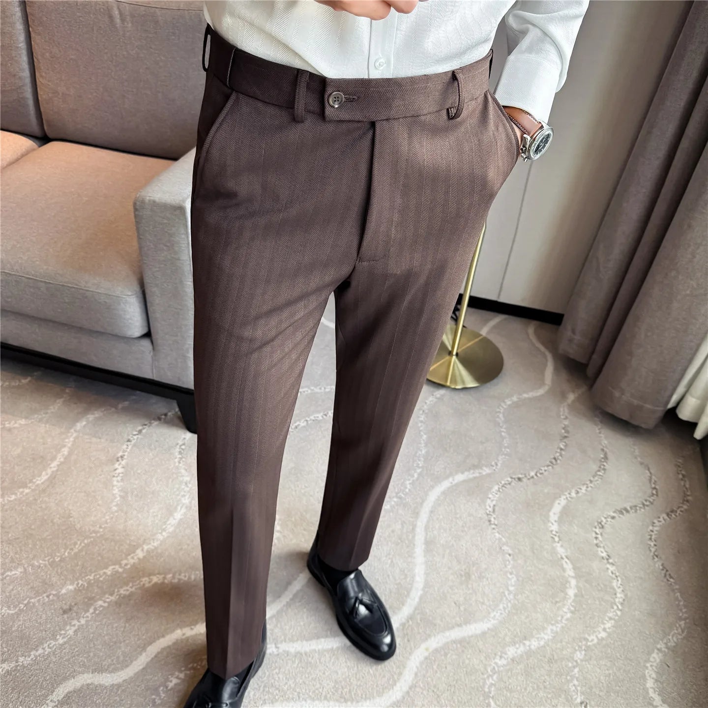 High Qualitys Wool Elastic Waist Striped Suit Pants Autumn Winter Thickening Men Business Slim Fit Social Casual Trousers Hommes