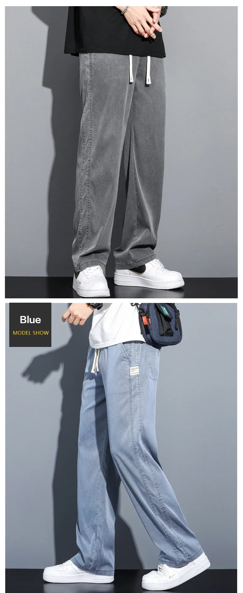 Summer Soft Lyocell Fabric Thin Loose Straight Pants Drawstring Elastic Waist Korea Casual Trousers Men's Jeans Plus Size M-5XL