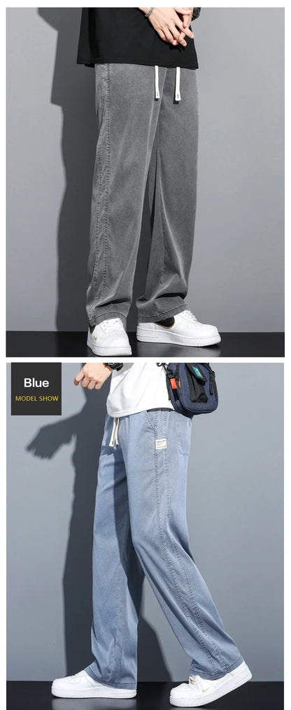 Summer Soft Lyocell Fabric Thin Loose Straight Pants Drawstring Elastic Waist Korea Casual Trousers Men's Jeans Plus Size M-5XL