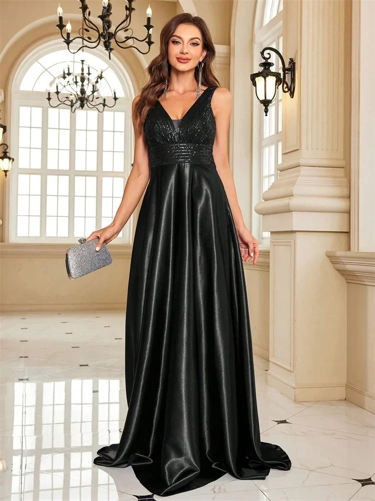 Elegant Sequins Evening Dress For Women 2024 Deep V-neck Satin Prom Party Green Dress Floor Length Blue Formal Gowns