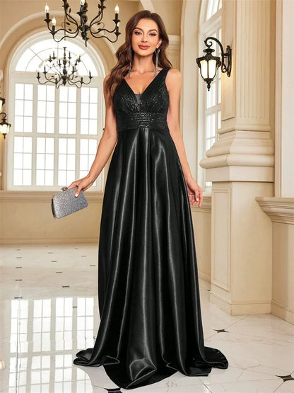 Elegant Sequins Evening Dress For Women 2024 Deep V-neck Satin Prom Party Green Dress Floor Length Blue Formal Gowns