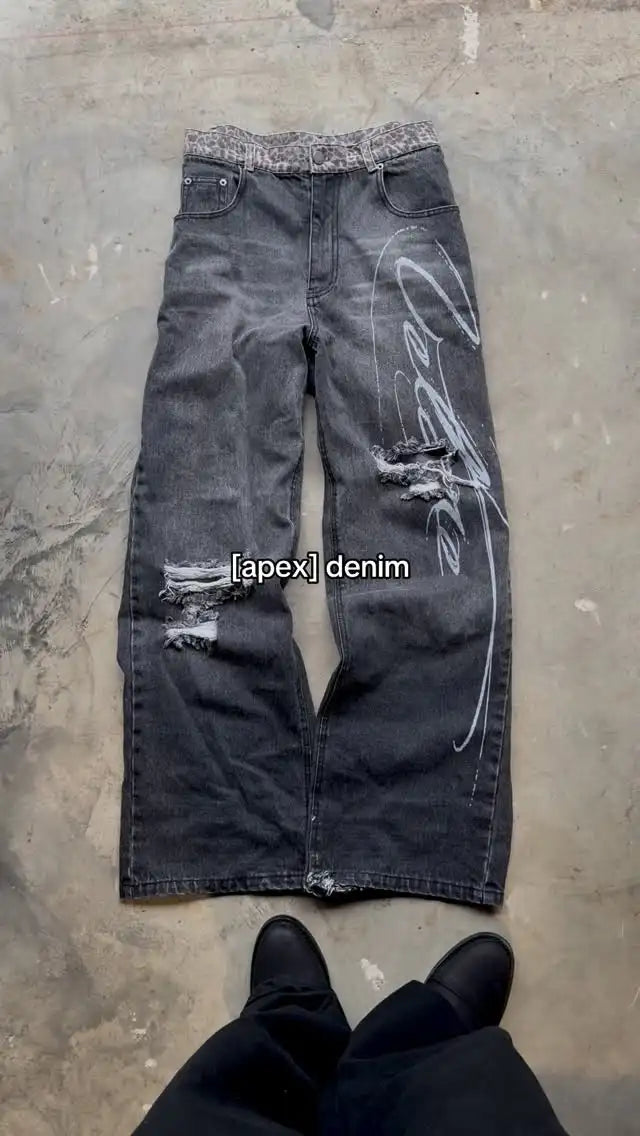 Leopard print hem jeans 2000s American casual jeans high waist straight wide leg jeans Harajuku retro women's clothing