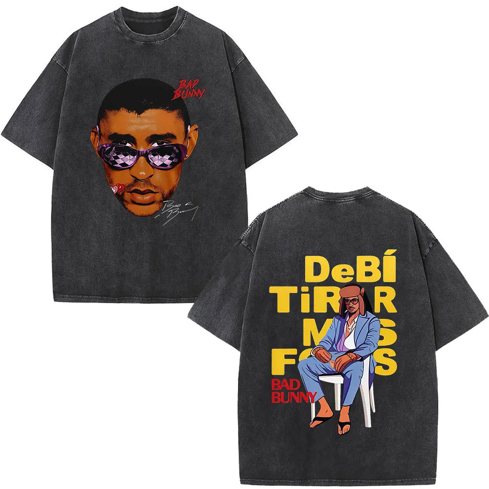 Rapper Bad Bunny Washed Vintage T-shirt Debi Tirar Mas Fotos DTMF World Tour 2026 T Shirts Men Women Fashion Hip Hop T-shirts