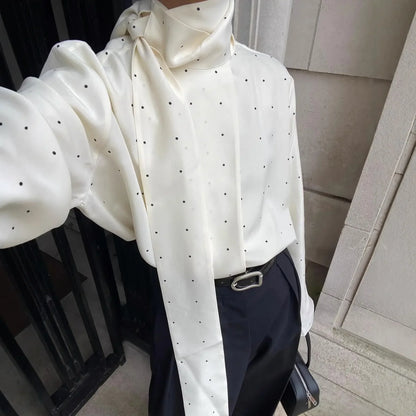 Polka Dot Printed Casual Shirt Women Satin Scarf Neck Elegant Long Sleeve Blouse 2026 New Autumn Lady Daily Street Chic Outwear