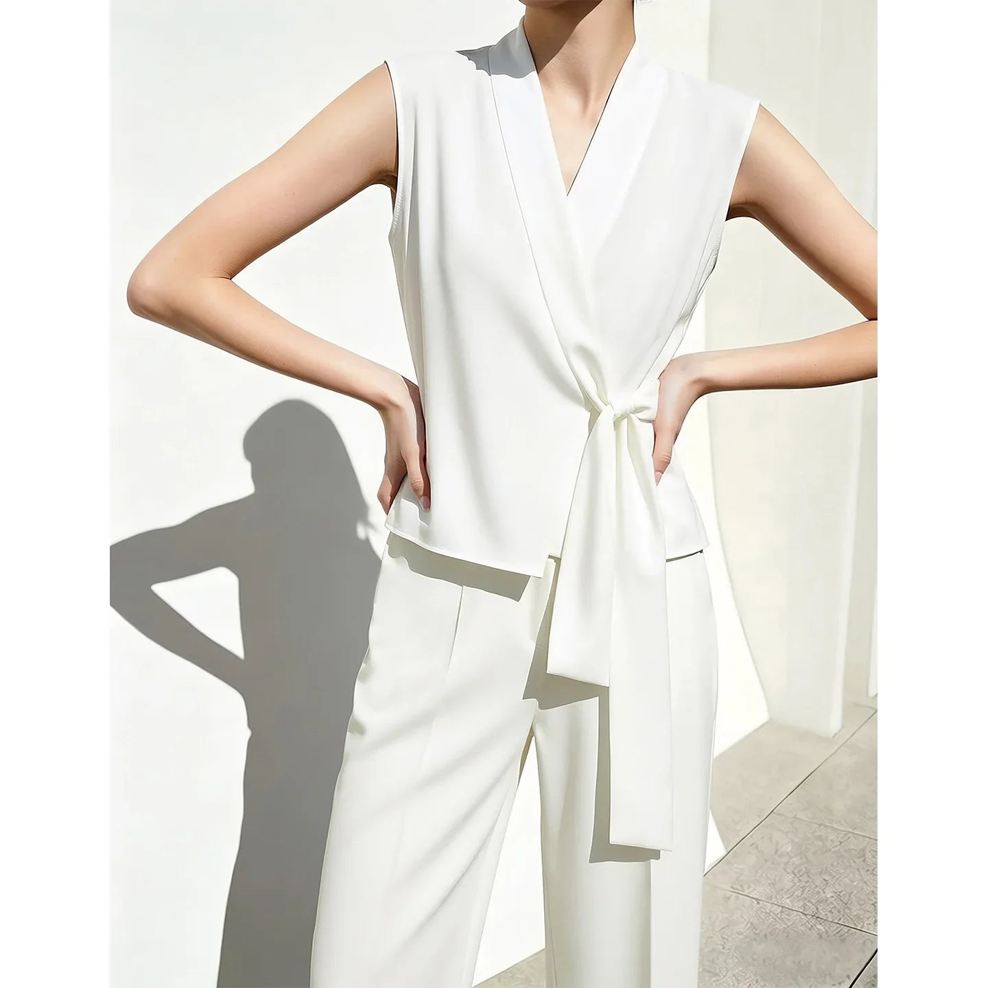 Elegant Women's Blouse 2026 Summer New V-Neck Sleeveless Chiffon Top Satin Spliced Office Flowy Shirt For Women 12642213