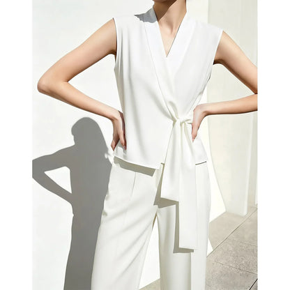 Elegant Women's Blouse 2026 Summer New V-Neck Sleeveless Chiffon Top Satin Spliced Office Flowy Shirt For Women 12642213