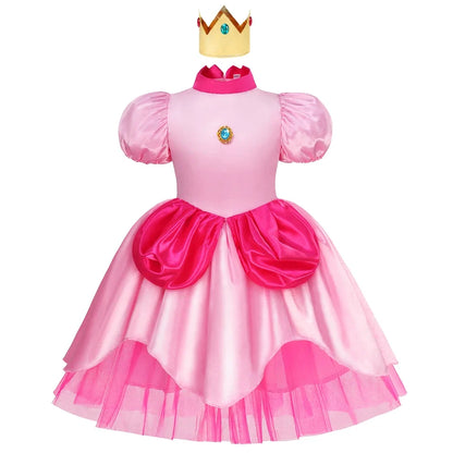 Princess Peach Style Dress Up Costume Set for Little Girls Birthday Carnival Party Role Play Outfit Kids 2-8Y Birthday Gifts