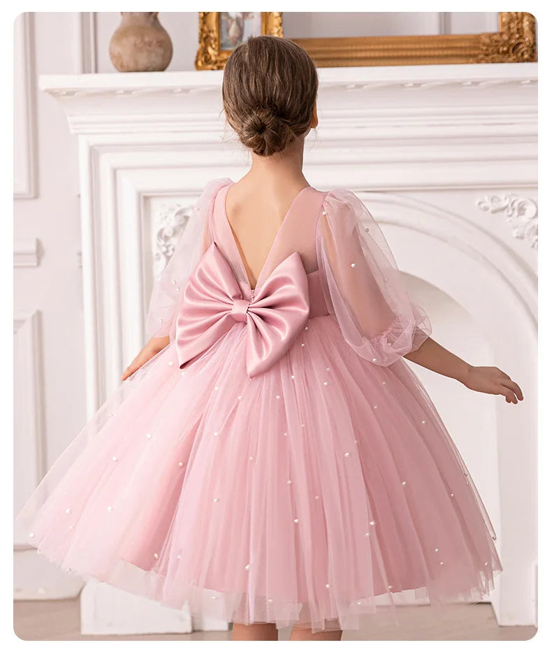 Summer New Girl 4-8Y Seven Sleeve Puff Skirt Dreamy Children's Dress Birthday Party Flower Girl Princess Dress