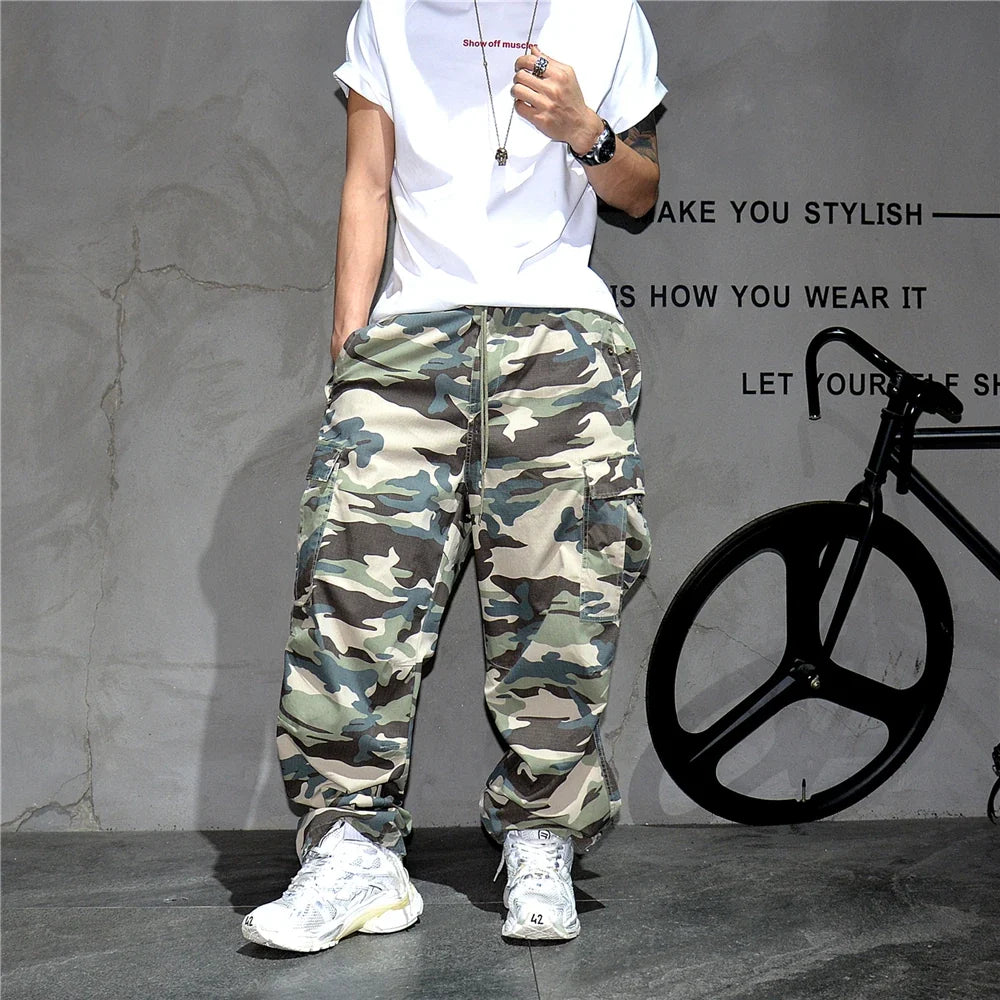 Heavy weight Tactical Cargo Pants For Men Vintage Camo Multi-Pocket Loose Fit Straight Leg Outdoor Streetwear Casual Trousers