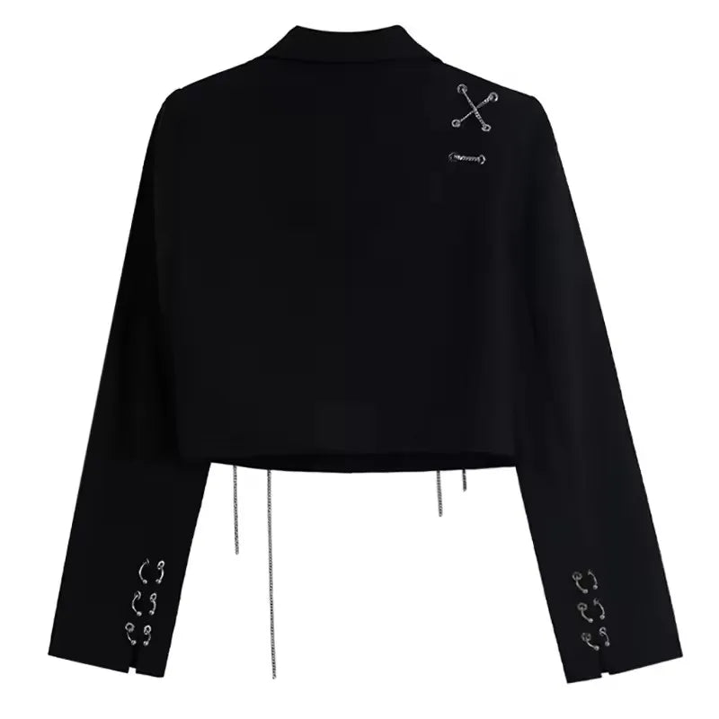 Women Punk Gothic Cropped Blazer with Metal Chain Tops Autumn Chic Patchwork Suit Office Lady Commute Short Jackt Streetwear
