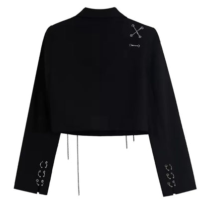 Women Punk Gothic Cropped Blazer with Metal Chain Tops Autumn Chic Patchwork Suit Office Lady Commute Short Jackt Streetwear