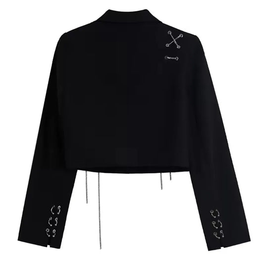 Women Punk Gothic Cropped Blazer with Metal Chain Tops Autumn Chic Patchwork Suit Office Lady Commute Short Jackt Streetwear