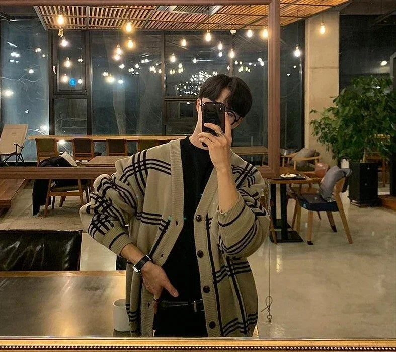 Men's Clothing Cardigan Jacket V Neck Coat Knit Sweater Male Plaid Elegant Casual Long Sleeve 100% Korean 2025 Autumn Classic A