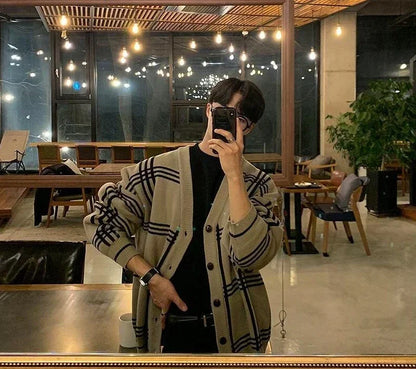 Men's Clothing Cardigan Jacket V Neck Coat Knit Sweater Male Plaid Elegant Casual Long Sleeve 100% Korean 2025 Autumn Classic A