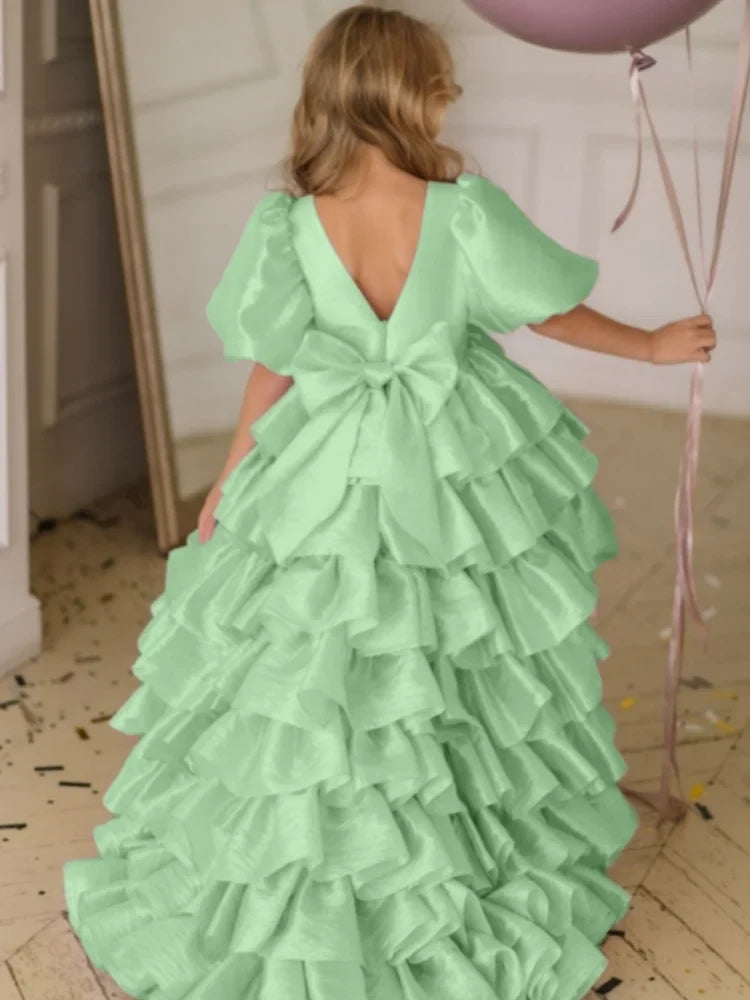 Customized Flower Girl Dresses Beige Tiered With Bow And Tailing Short Sleeve For Wedding Birthday Party Holy Communion Gowns