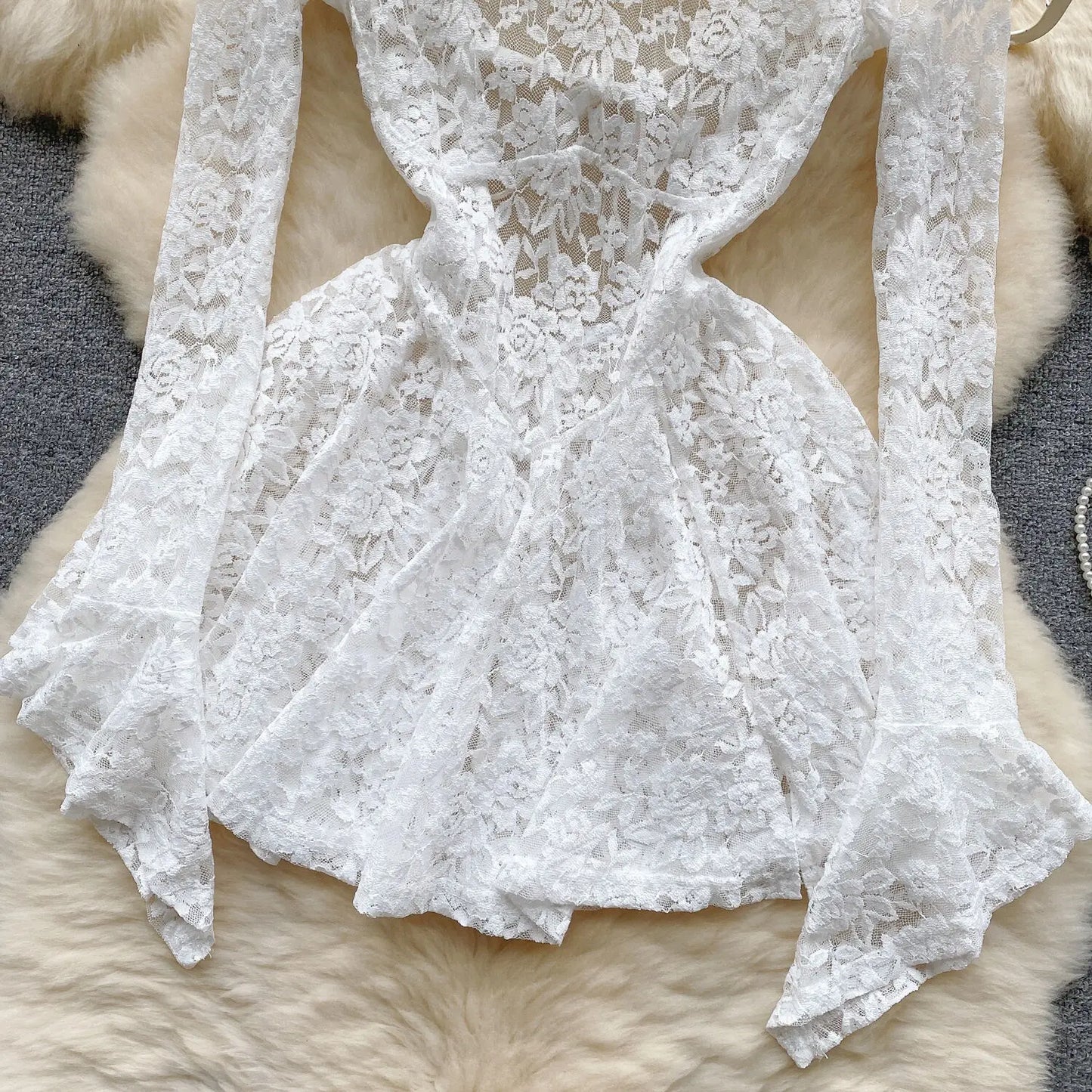 Women's Autumn Mesh Lace Hollow Out White Short Dress Women Micro Flare Sleeve See Through Translucent Sexy Girl's Mini Dress