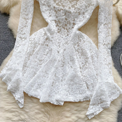 Women's Autumn Mesh Lace Hollow Out White Short Dress Women Micro Flare Sleeve See Through Translucent Sexy Girl's Mini Dress