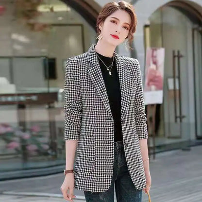 Women's Houndstooth Pattern Blazer Long Sleeve 2025 New Spring Autumn Korean Style Elegant Casual Elegance Daily Wear