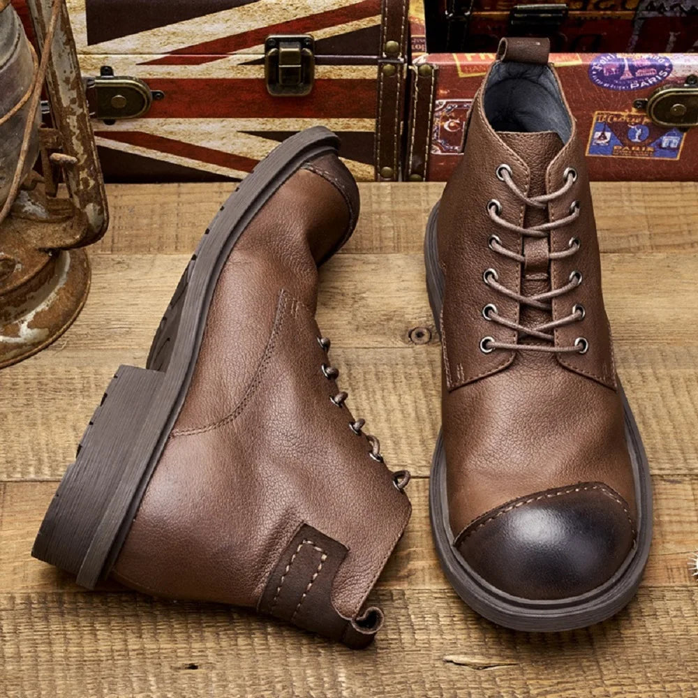 Spring Autumn New British Style Retro Genuine Cow Leather Men Ankle Short Motorcycle Boots Winter Plush Vintage Luxury Shoes 304