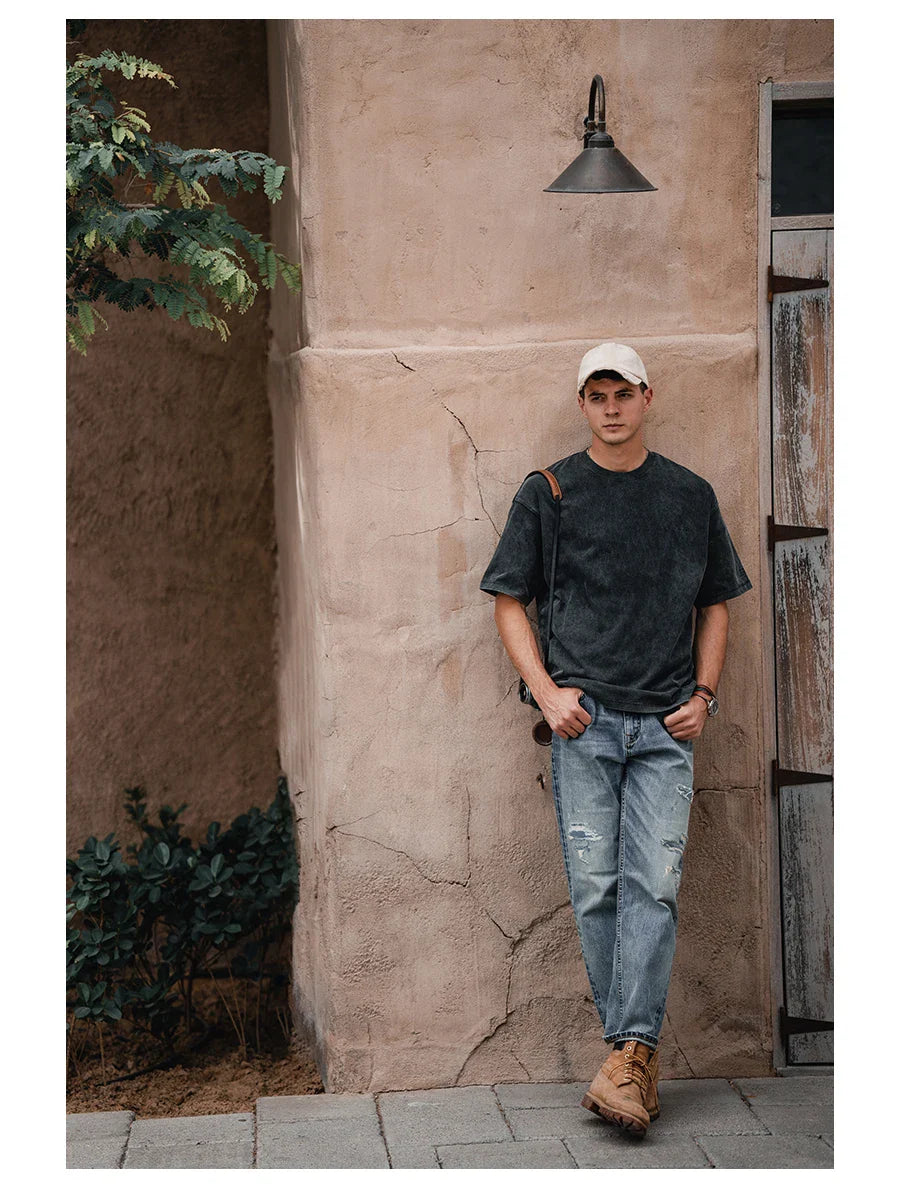 2026 Summer New Super Loose Heavyweight 320gsm 100% Cotton Washed Vintage T-shirts Men Plus Size Logo Embroidery Tops