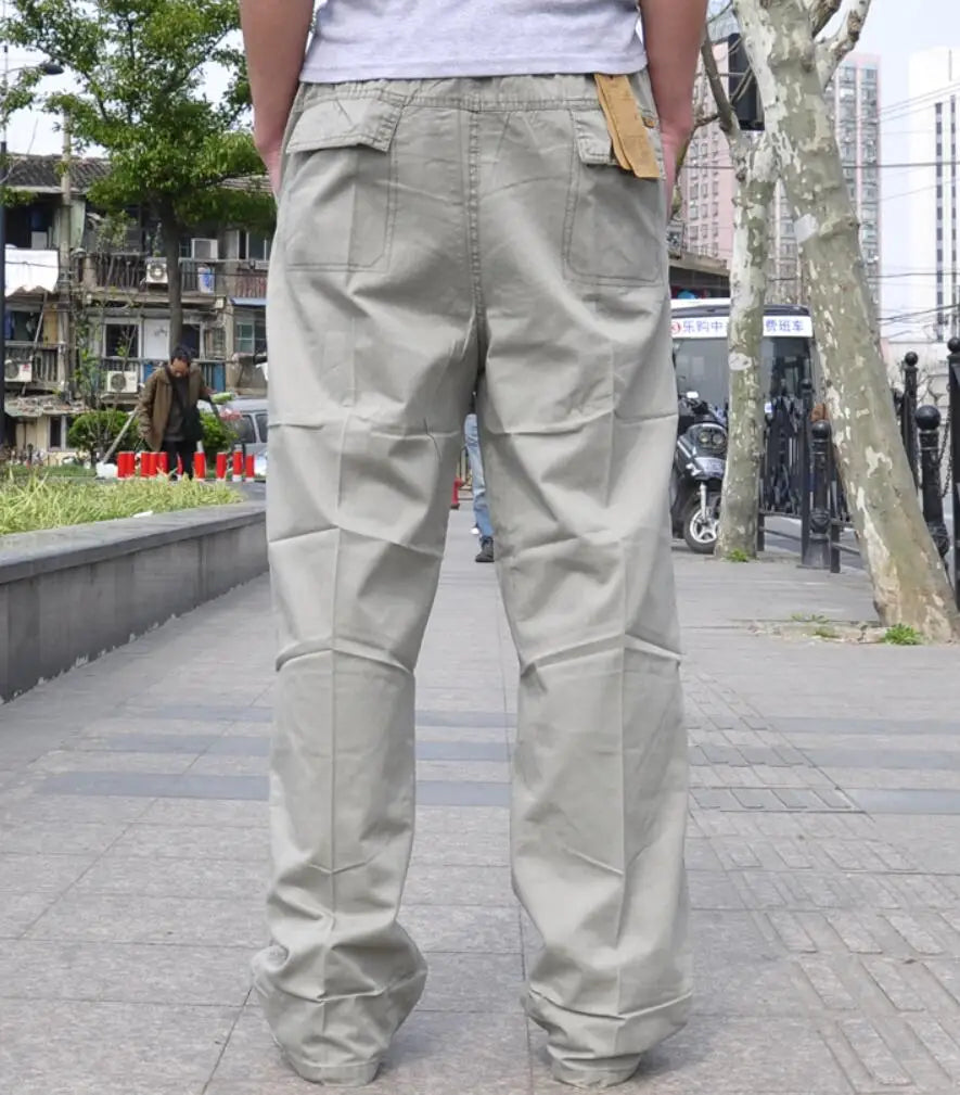 Spring Men cargo cotton pants pocket large size big 8XL 10XL 9XL 140KG loose out door casual safari style pants black 46 48 50